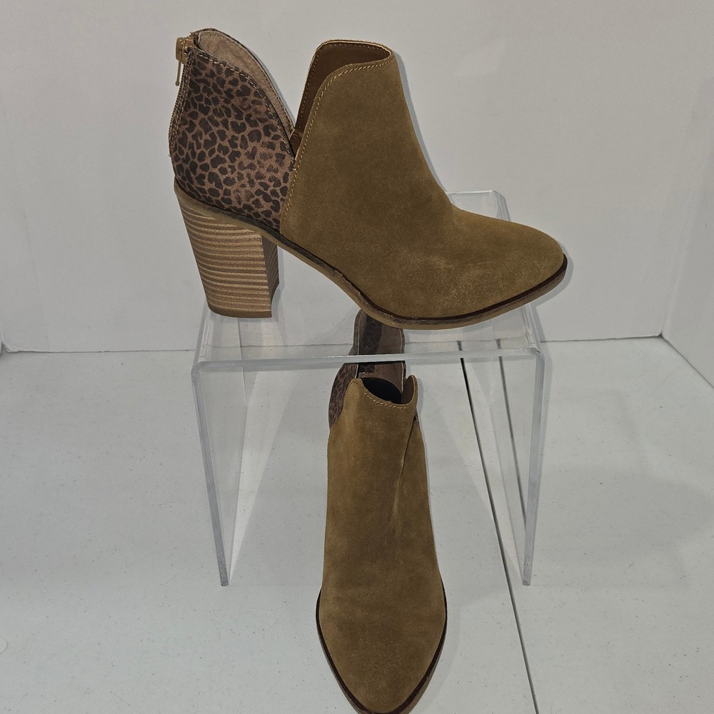 DV8 Dolce Vita Women Brown Suede Leopard Print Ankle Booties Block Heel Size 8
